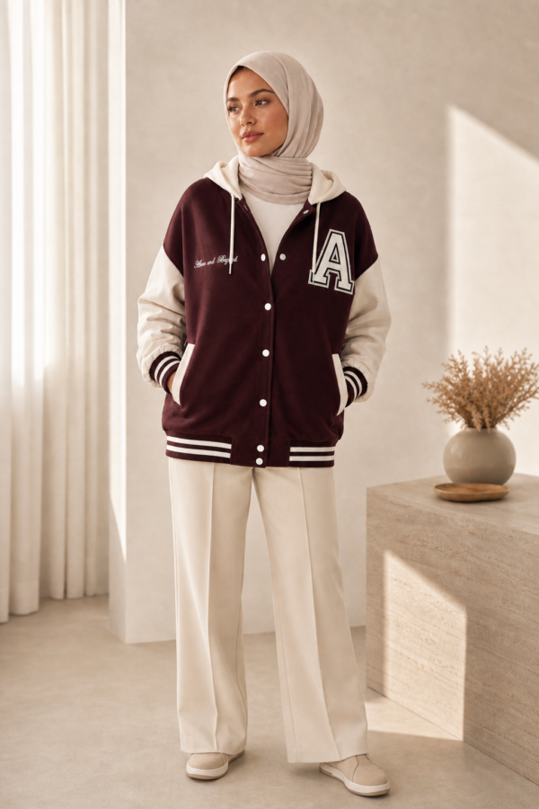 chocolate contrast sleeve hooded varsity jacket