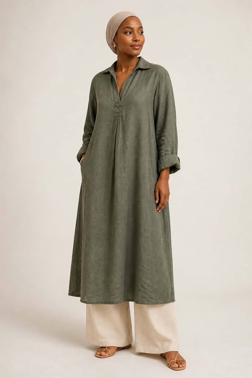 collared linen midi dress